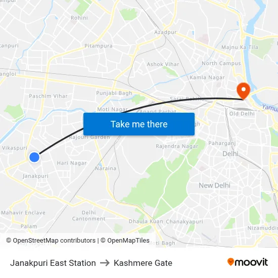 Janakpuri East Station to Kashmere Gate map