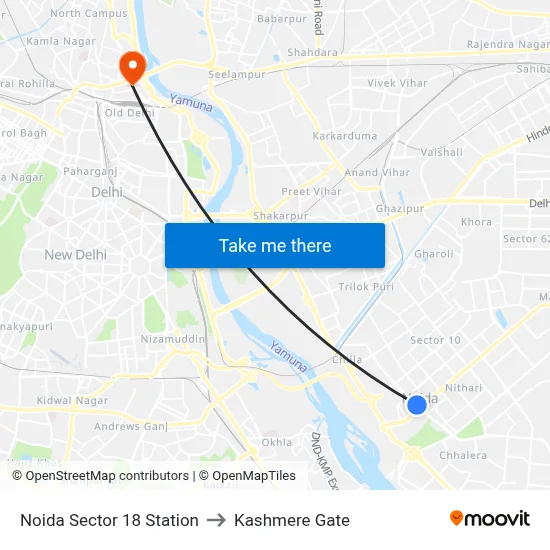 Noida Sector 18 Station to Kashmere Gate map