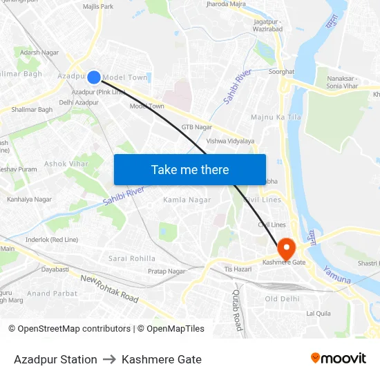 Azadpur Station to Kashmere Gate map