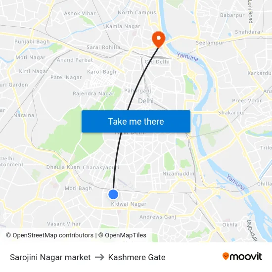 Sarojini Nagar market to Kashmere Gate map