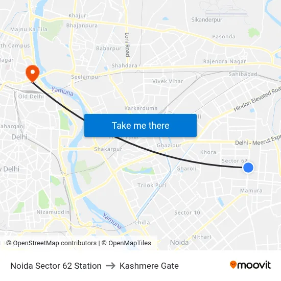 Noida Sector 62 Station to Kashmere Gate map