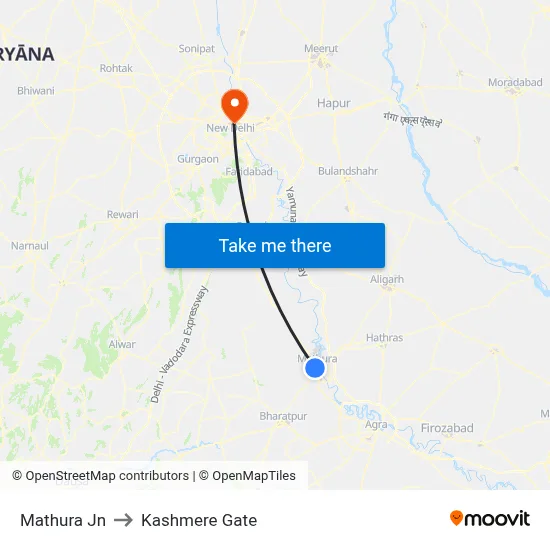 Mathura Jn to Kashmere Gate map