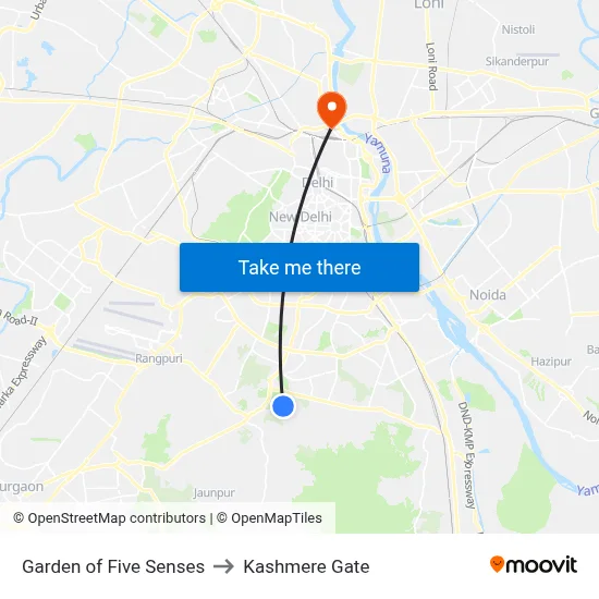 Garden of Five Senses to Kashmere Gate map