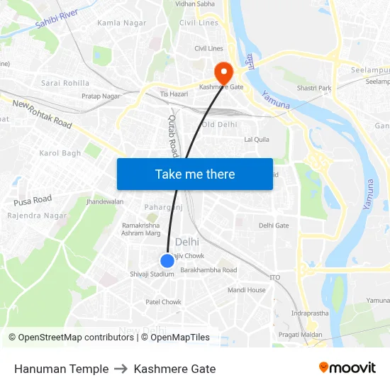 Hanuman Temple to Kashmere Gate map