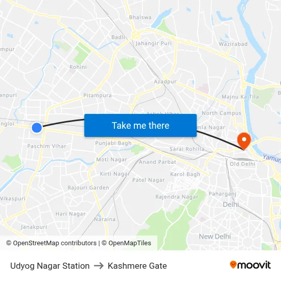 Udyog Nagar Station to Kashmere Gate map