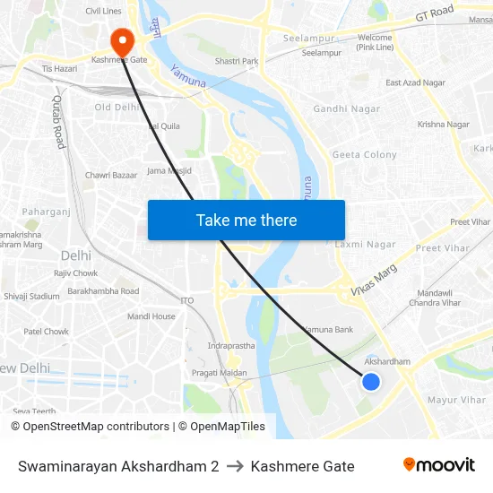 Swaminarayan Akshardham 2 to Kashmere Gate map
