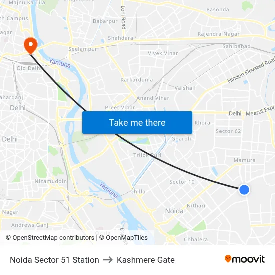 Noida Sector 51 Station to Kashmere Gate map