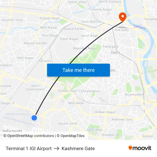 Terminal 1 IGI Airport to Kashmere Gate map