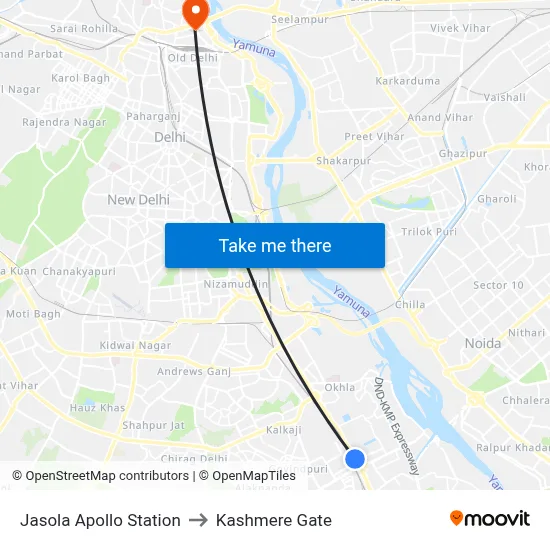 Jasola Apollo Station to Kashmere Gate map