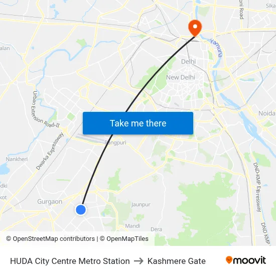HUDA City Centre Metro Station to Kashmere Gate map