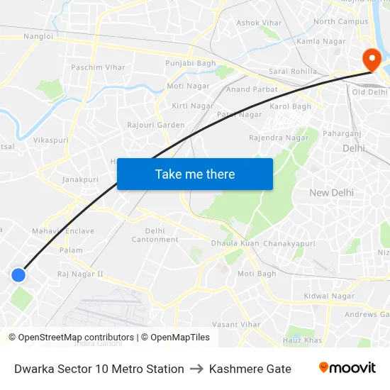 Dwarka Sector 10 Metro Station to Kashmere Gate map