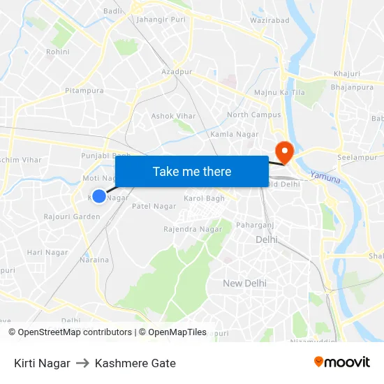 Kirti Nagar to Kashmere Gate map