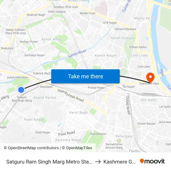 Satguru Ram Singh Marg Metro Station to Kashmere Gate map