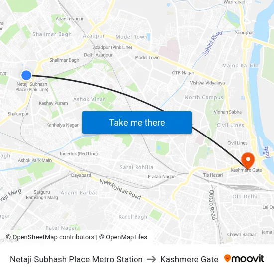 Netaji Subhash Place Metro Station to Kashmere Gate map