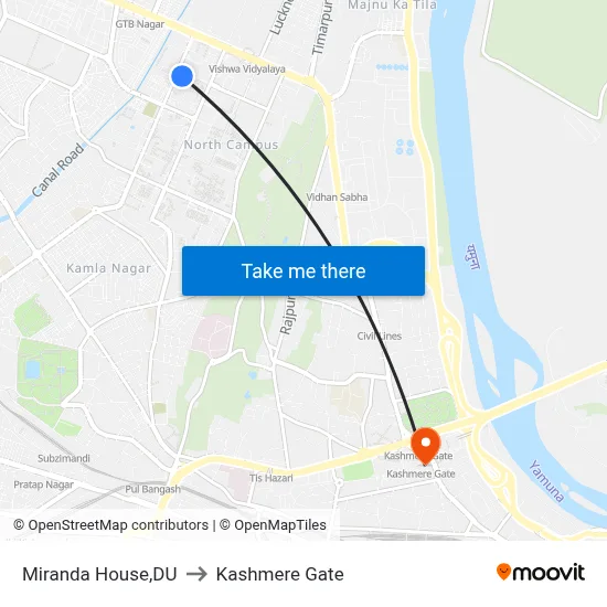 Miranda House,DU to Kashmere Gate map