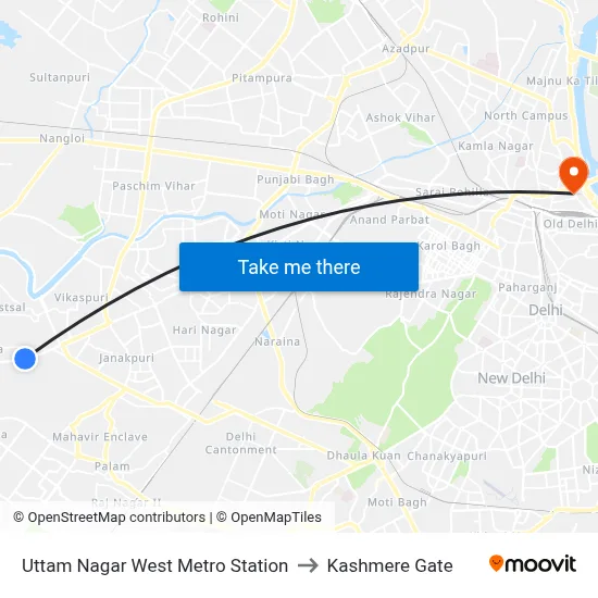 Uttam Nagar West Metro Station to Kashmere Gate map
