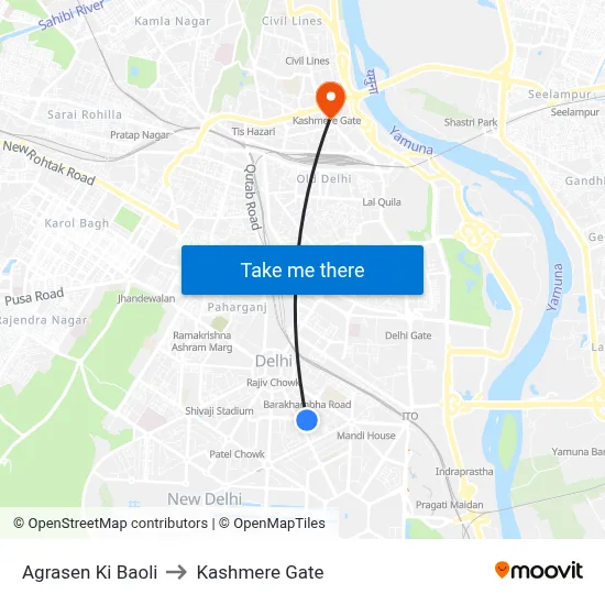 Agrasen Ki Baoli to Kashmere Gate map