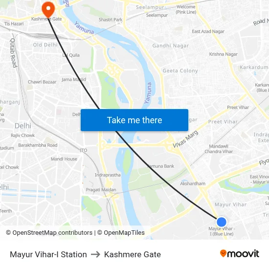 Mayur Vihar-I Station to Kashmere Gate map