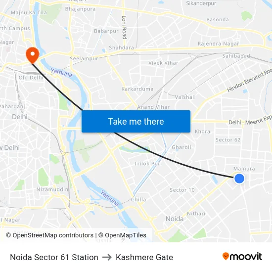 Noida Sector 61 Station to Kashmere Gate map