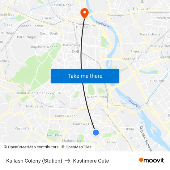 Kailash Colony (Station) to Kashmere Gate map