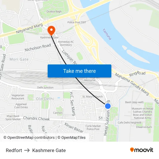 Redfort to Kashmere Gate map