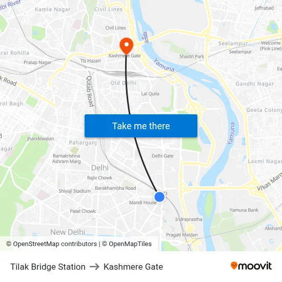 Tilak Bridge Station to Kashmere Gate map
