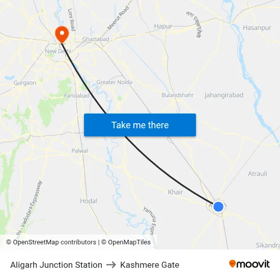Aligarh Junction Station to Kashmere Gate map