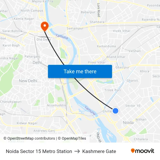 Noida Sector 15 Metro Station to Kashmere Gate map