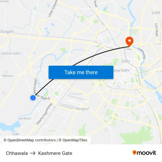 Chhawala to Kashmere Gate map