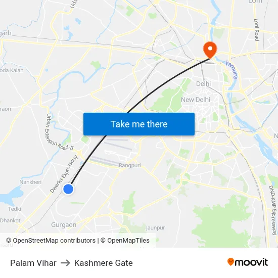 Palam Vihar to Kashmere Gate map