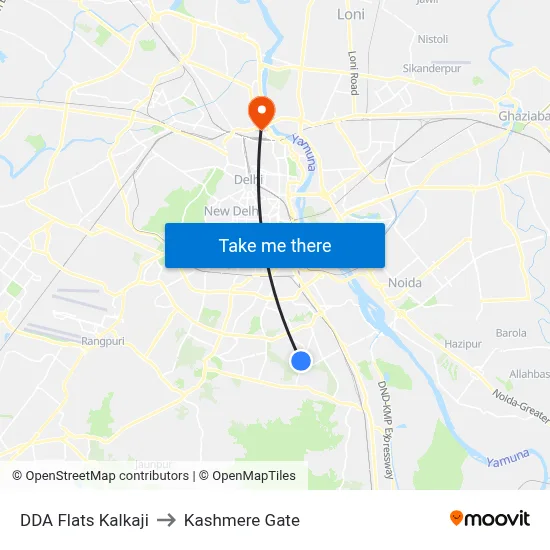 DDA Flats Kalkaji to Kashmere Gate map