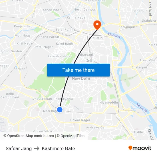 Safdar Jang to Kashmere Gate map