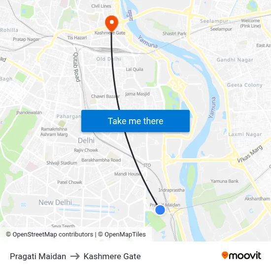 Pragati Maidan to Kashmere Gate map