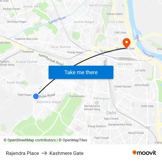 Rajendra Place to Kashmere Gate map