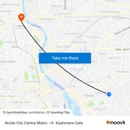 Noida City Centre Metro to Kashmere Gate map