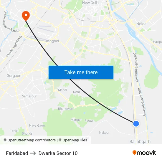 Faridabad to Dwarka Sector 10 map