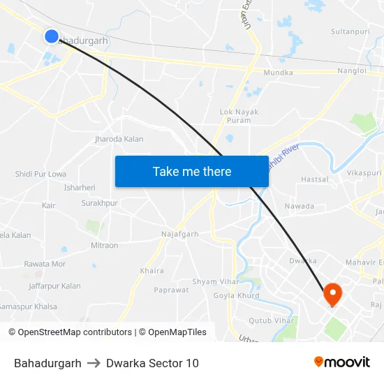 Bahadurgarh to Dwarka Sector 10 map