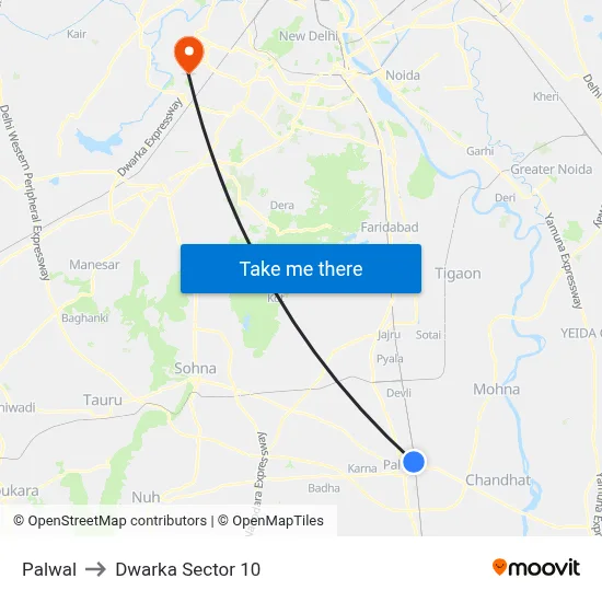 Palwal to Dwarka Sector 10 map