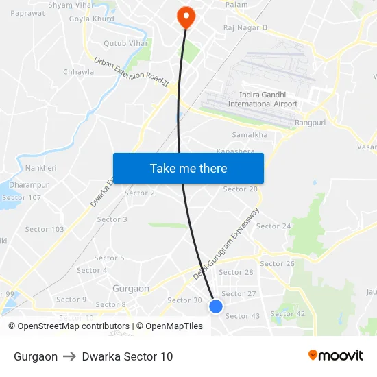 Gurgaon to Dwarka Sector 10 map