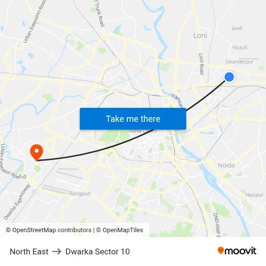 North East to Dwarka Sector 10 map