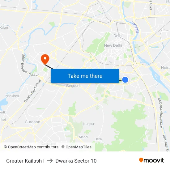 Greater Kailash I to Dwarka Sector 10 map