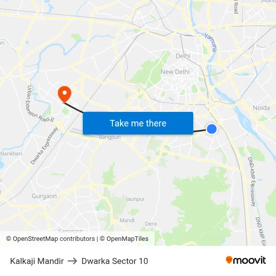 Kalkaji Mandir to Dwarka Sector 10 map