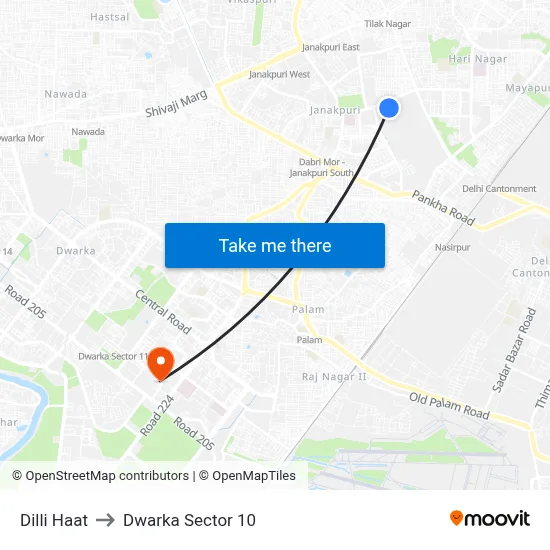 Dilli Haat to Dwarka Sector 10 map