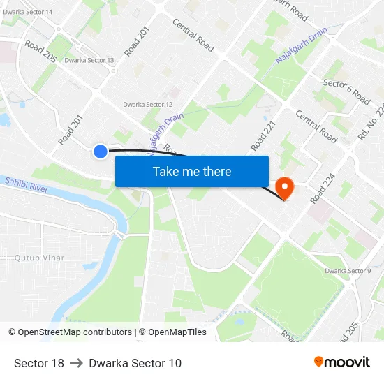 Sector 18 to Dwarka Sector 10 map