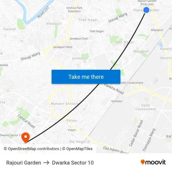 Rajouri Garden to Dwarka Sector 10 map