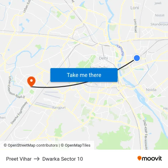 Preet Vihar to Dwarka Sector 10 map
