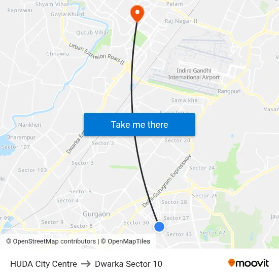 HUDA City Centre to Dwarka Sector 10 map