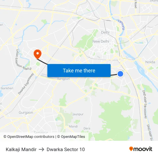 Kalkaji Mandir to Dwarka Sector 10 map