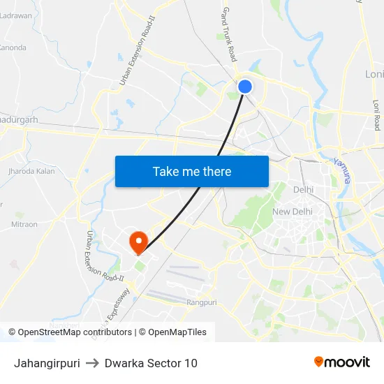Jahangirpuri to Dwarka Sector 10 map
