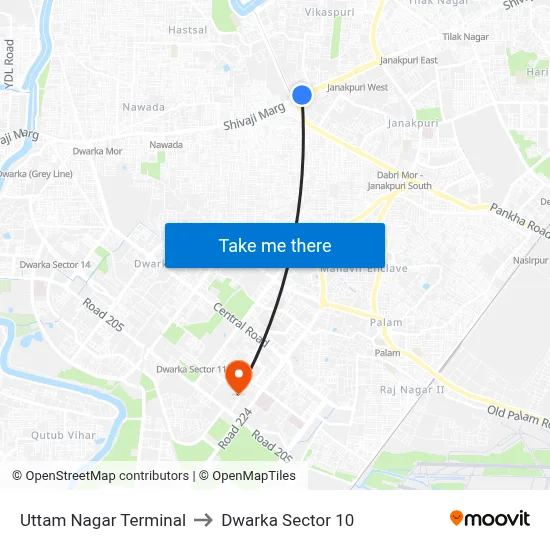 Uttam Nagar Terminal to Dwarka Sector 10 map